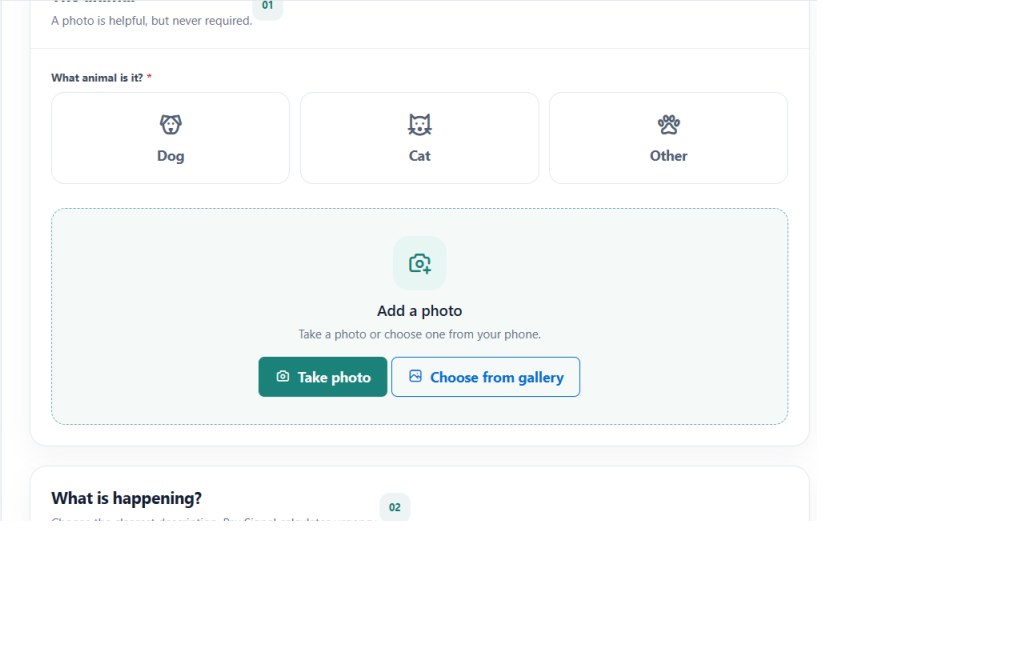 PawSignal report form showing animal selection and optional photo controls